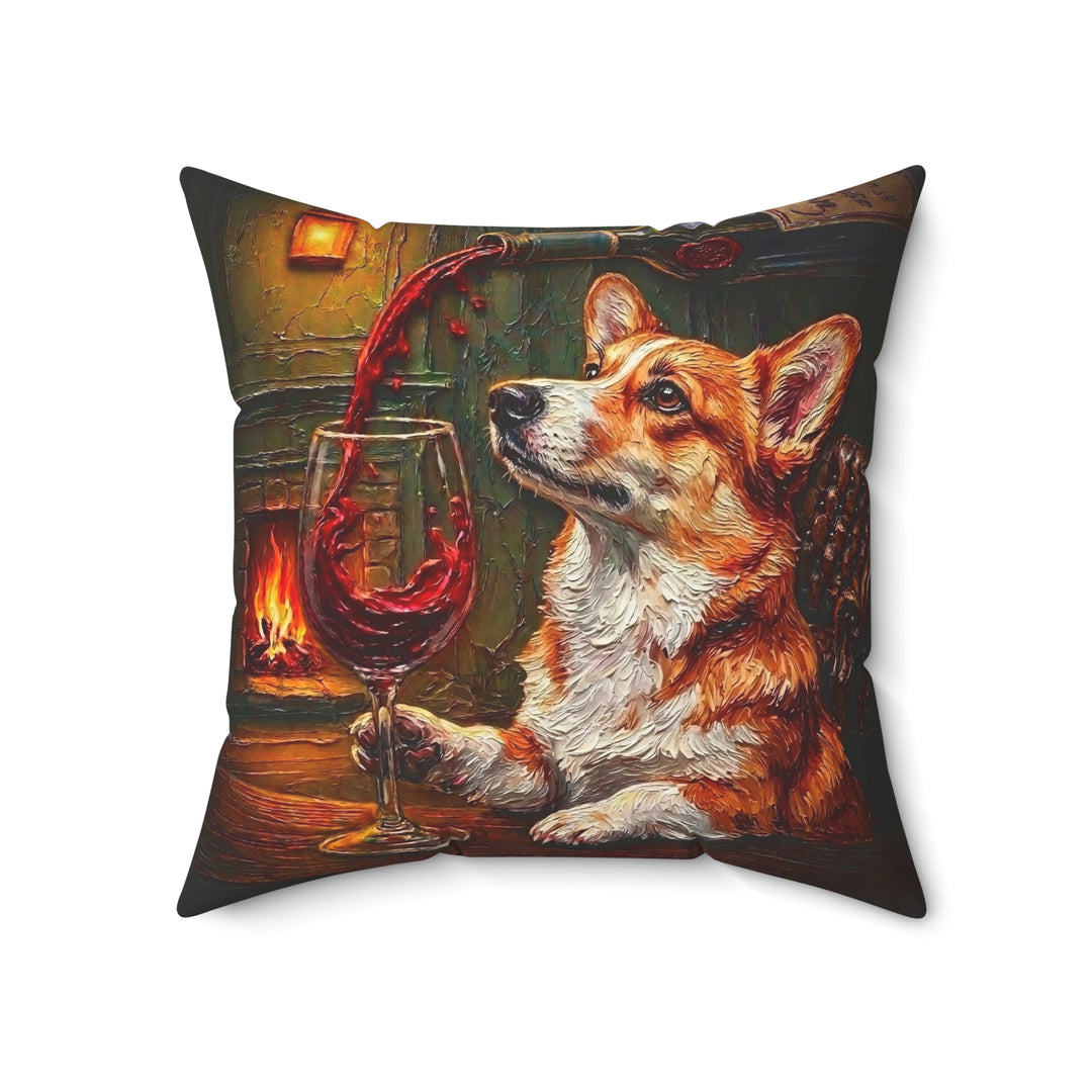 "Wine & Woof" - Corgi Throw Pillow - Dog Lover Home Decor
