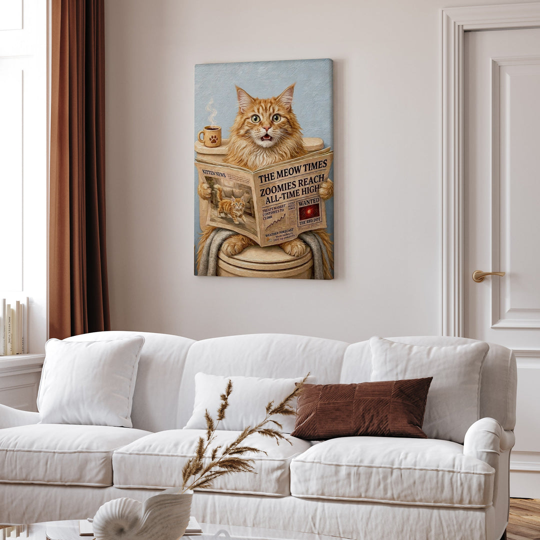 "Morning Business" - Fluffy Orange Longhair Vertical Canvas - Cat Lover Wall Art