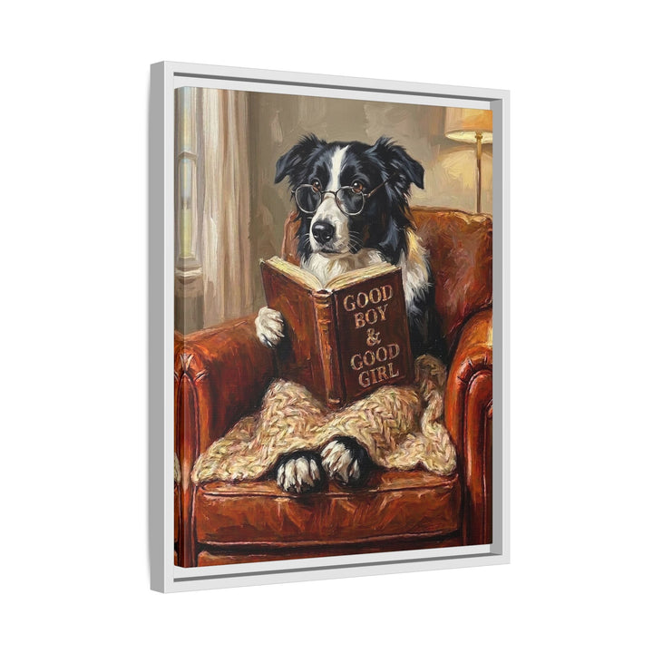 "Evening Read" - Border Collie Vertical Framed Canvas - Dog Lover Wall Art