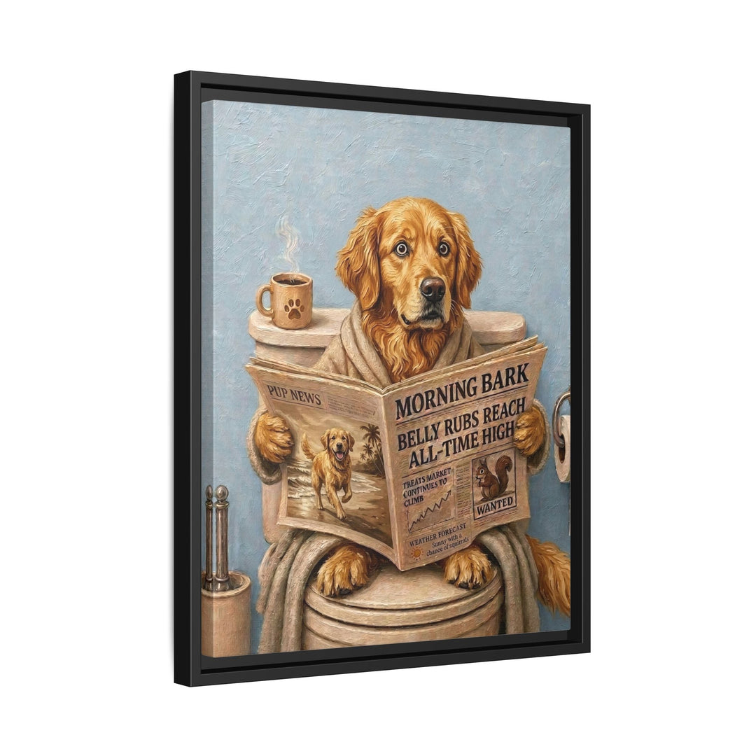 "Morning Business" - Golden Retriever Vertical Framed Canvas - Dog Lover Wall Art