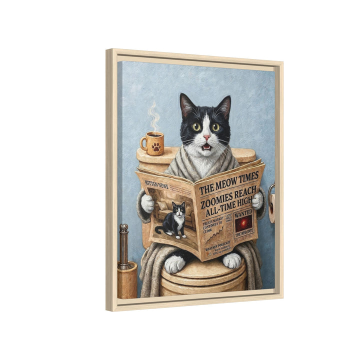 "Morning Business" - Tuxedo Vertical Framed Canvas - Cat Lover Wall Art