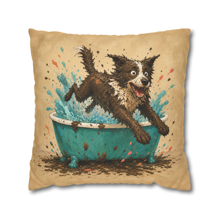 Mud Escape – Dog Bathroom Art with a Soapy Tub Getaway – Pillow / Cover