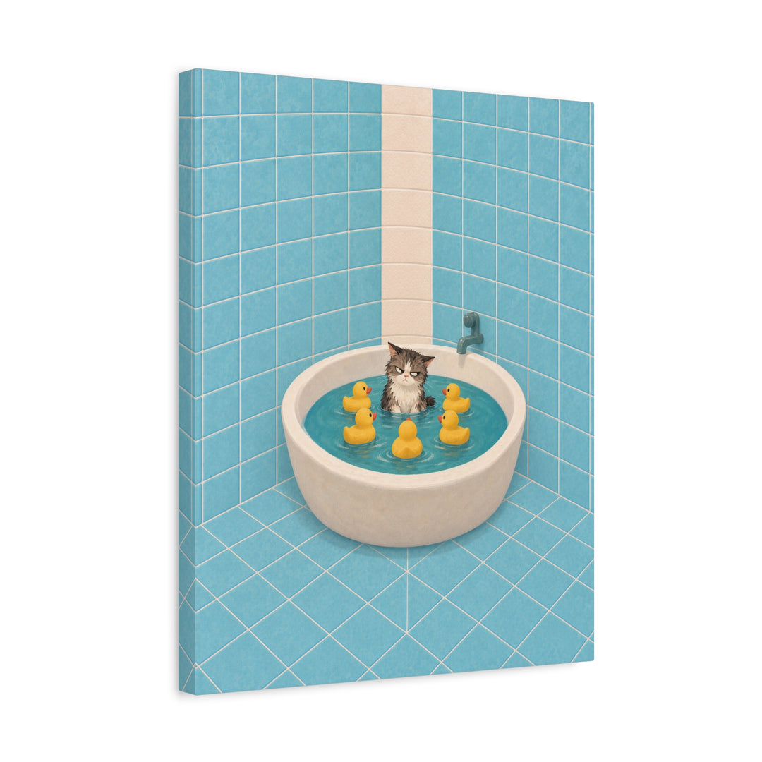 Rubber Duck Committee – Funny Cat Bathroom Art with a Bathtub Standoff – Canvas / Framed Canvas