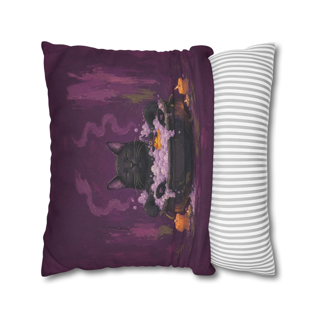 The Familiar's Bath Night – Black Cat Art with a Bubbling Cauldron Soak – Pillow / Cover