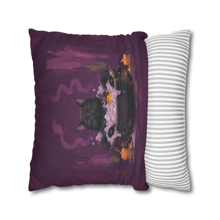 The Familiar's Bath Night – Black Cat Art with a Bubbling Cauldron Soak – Pillow / Cover