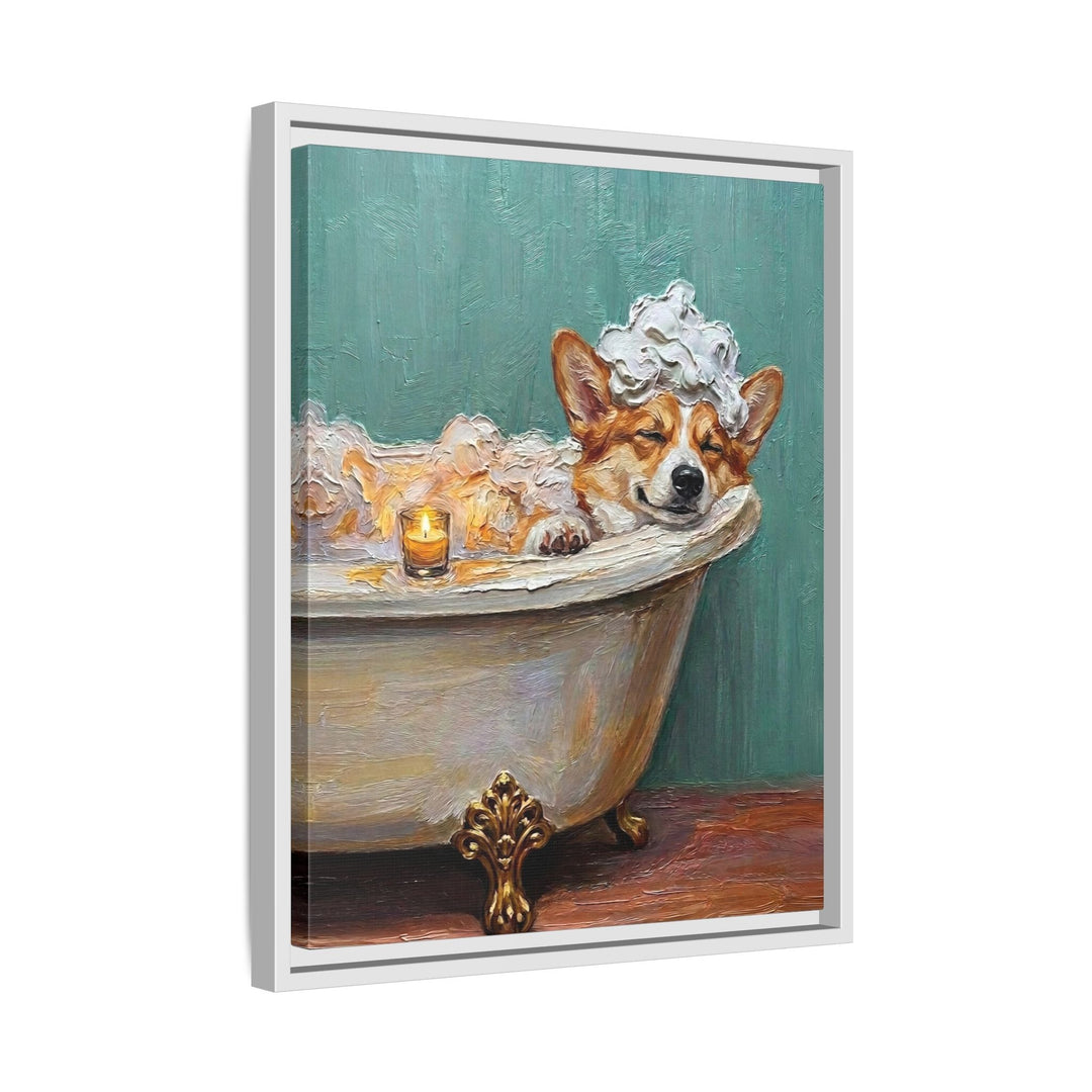 "Spa Day" - Corgi Vertical Framed Canvas - Dog Lover Wall Art