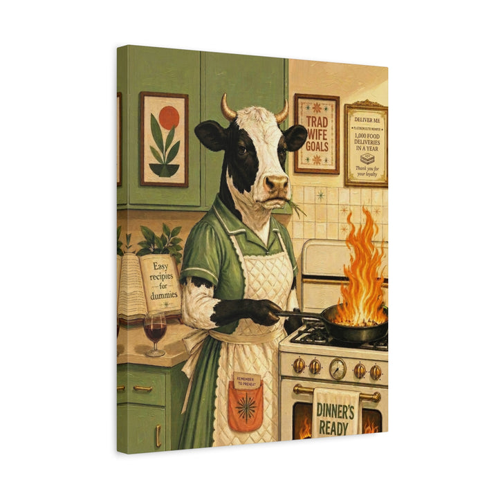 "Trad Wife Goals" - Cow Vertical Canvas - Dark Burnout Humor Wall Art