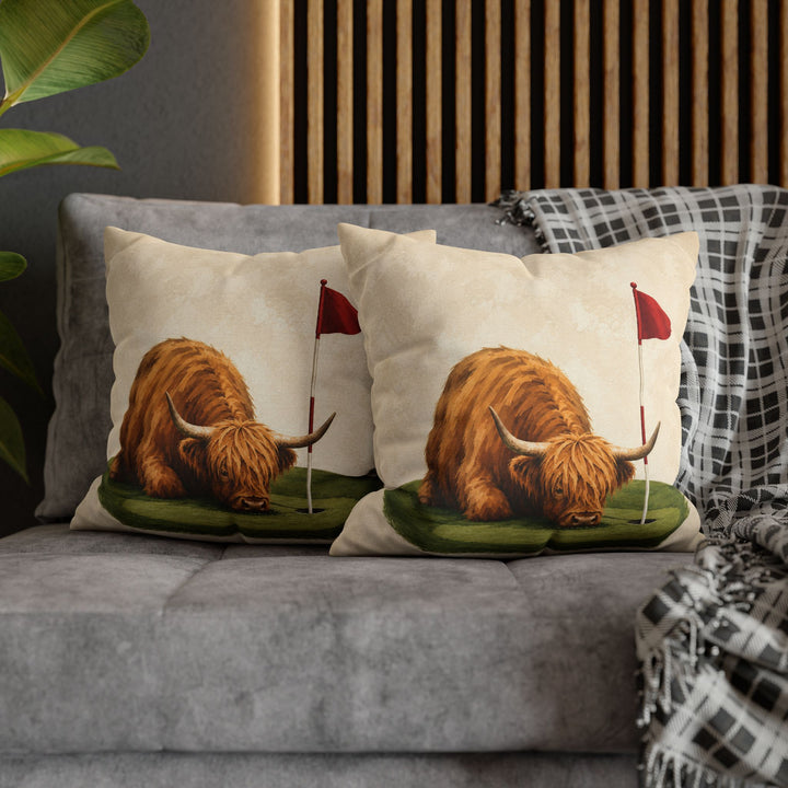 Putting Green Keeper – Golf Wall Art with a Highland Cow Grazing to Height – Pillow / Cover