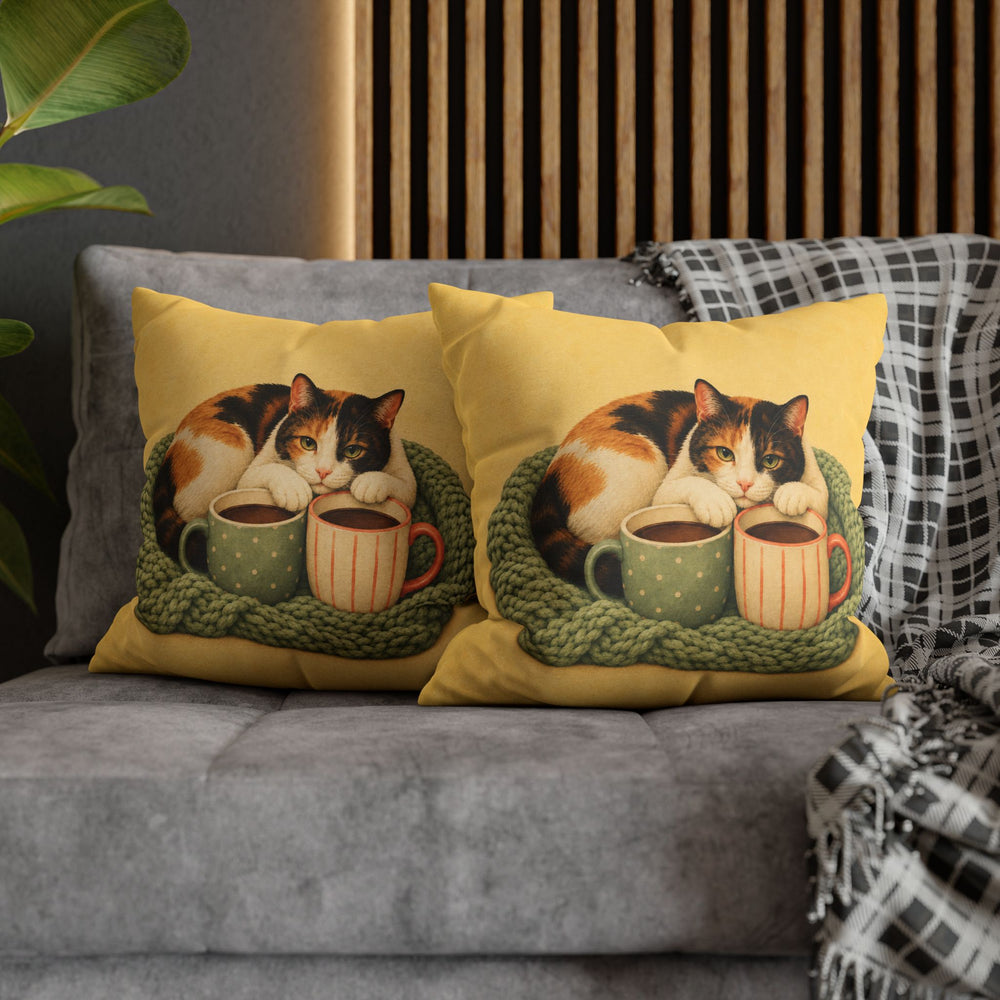 Cat Mom Club – Cat Mom Art with a Knit Blanket and Two Mugs – Pillow / Cover