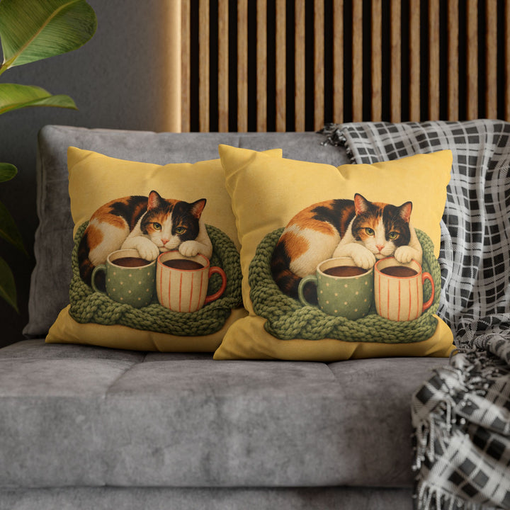 Cat Mom Club – Cat Mom Art with a Knit Blanket and Two Mugs – Pillow / Cover