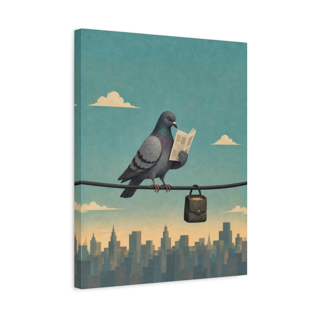 The Morning Commute – Pigeon Art with a Power Line Reader at Dawn – Canvas / Framed Canvas