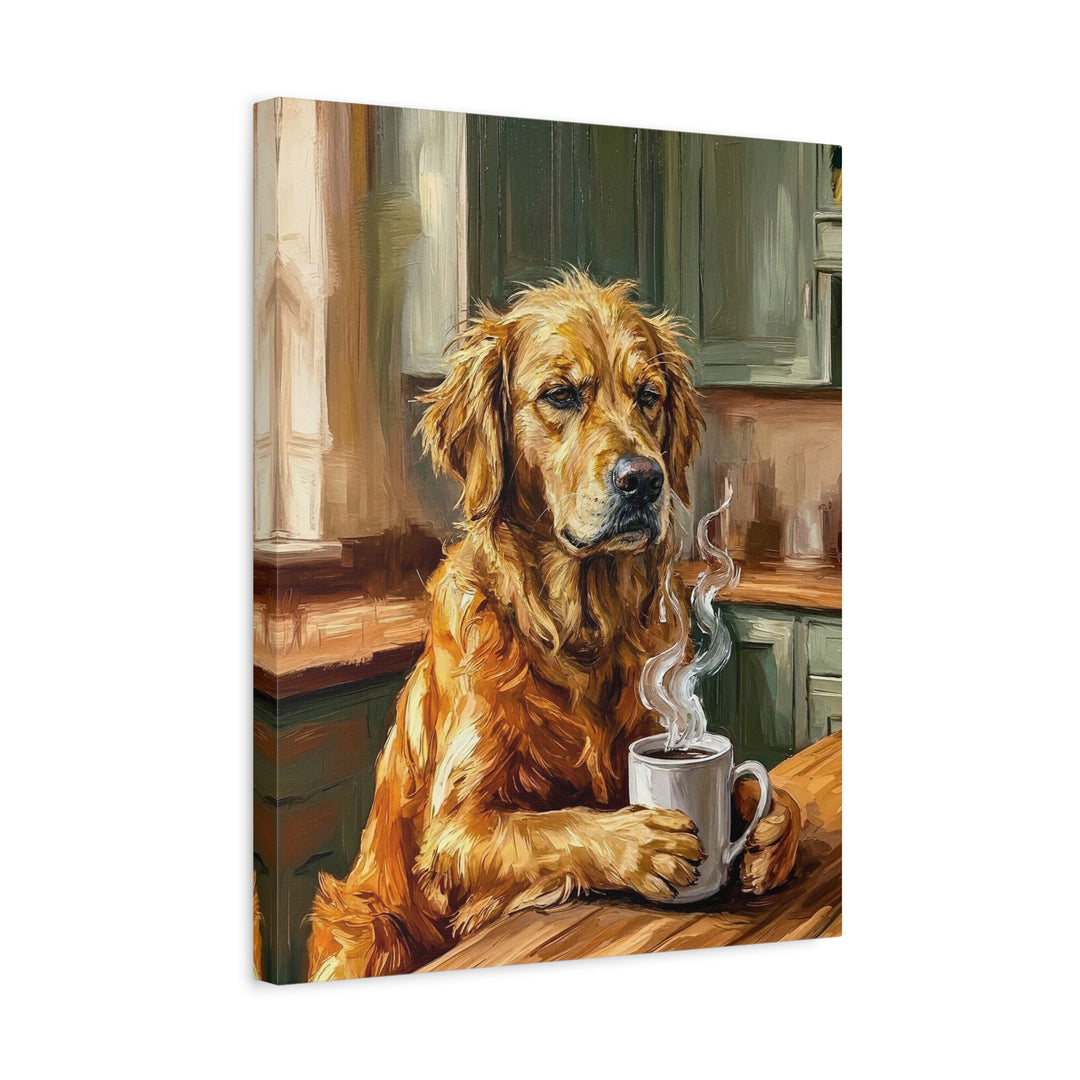 "Before Coffee" - Golden Retriever Vertical Canvas - Dog Lover Wall Art
