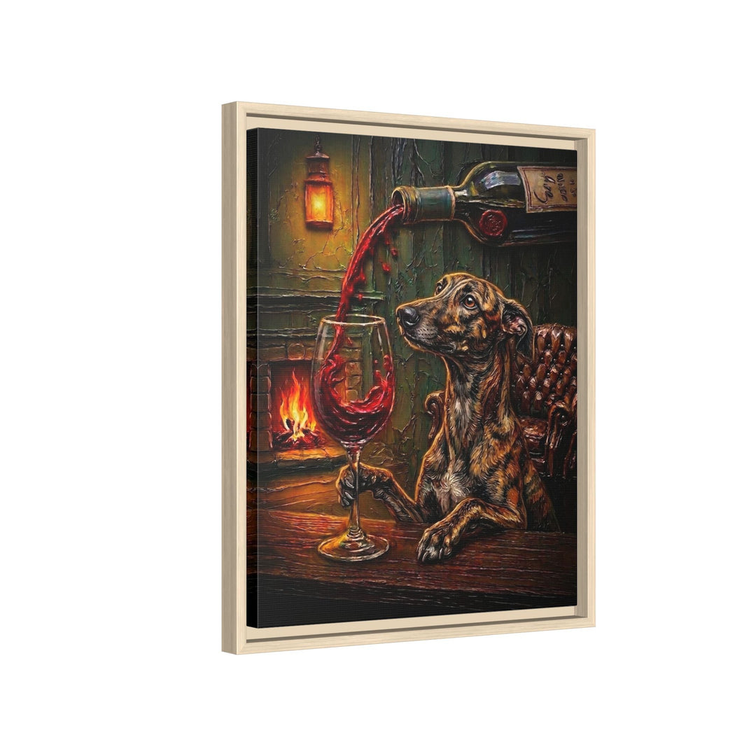 "Wine & Woof" - Greyhound Vertical Framed Canvas - Dog Lover Wall Art