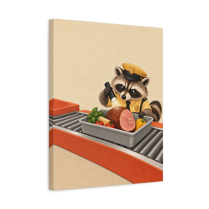 Snack Customs – Funny Kitchen Art with a Raccoon Inspecting Groceries – Canvas / Framed Canvas