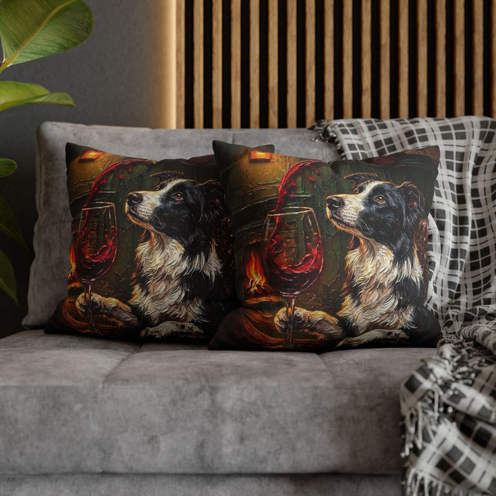 "Wine & Woof" - Border Collie Pillow Cover - Dog Lover Home Decor