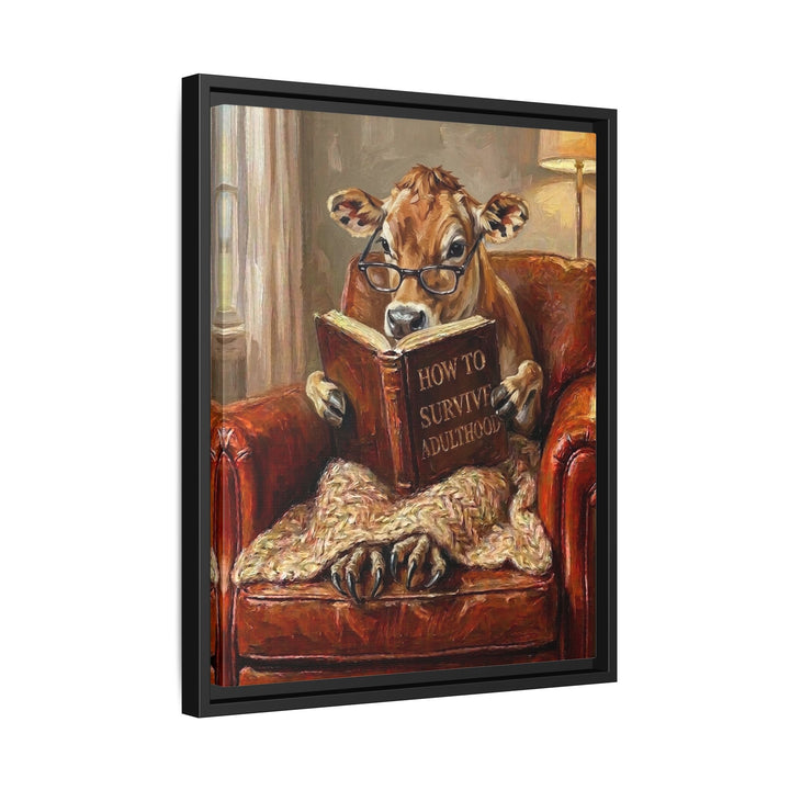 "Survive Adulthood" - Cow Vertical Framed Canvas - Spirit Animal Wall Art