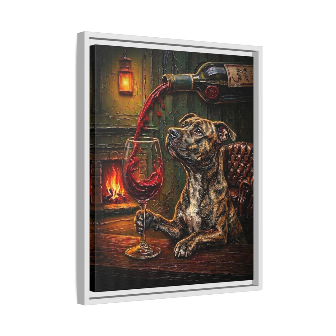 "Wine & Woof" - Pit Bull Vertical Framed Canvas - Dog Lover Wall Art