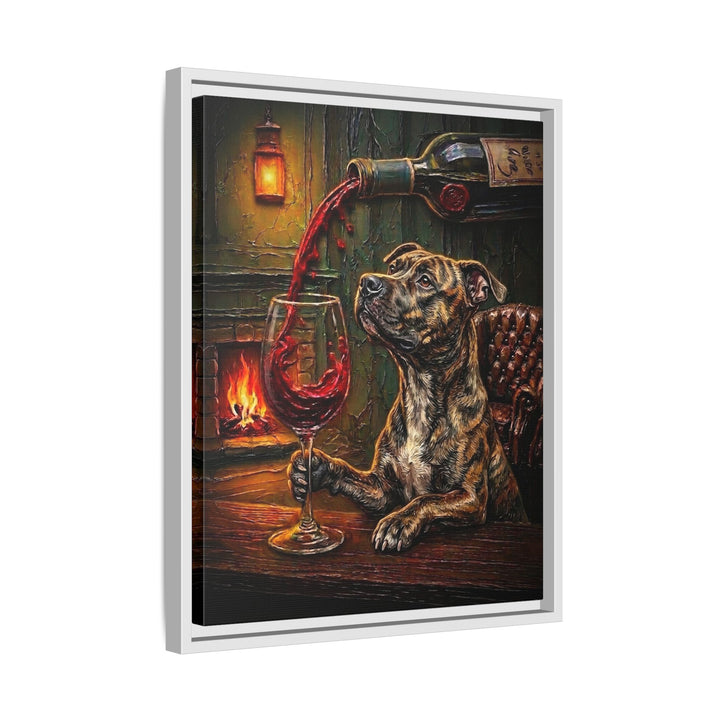 "Wine & Woof" - Pit Bull Vertical Framed Canvas - Dog Lover Wall Art
