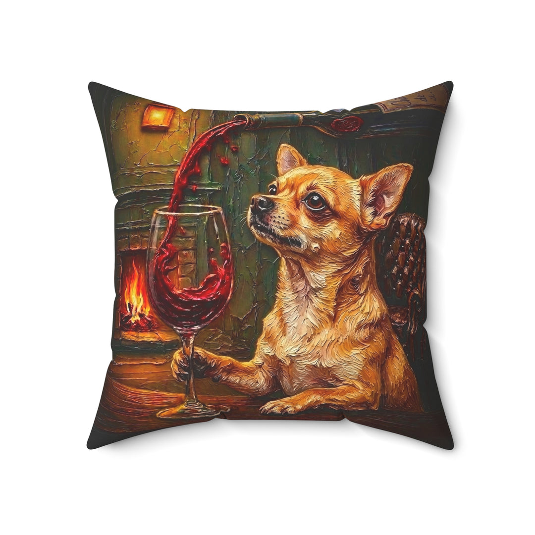 "Wine & Woof" - Chihuahua Throw Pillow - Dog Lover Home Decor