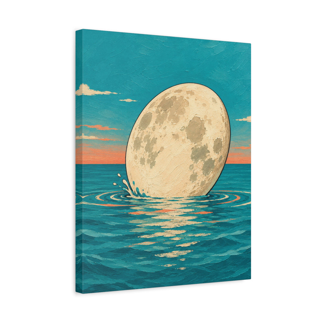 The Moon Takes a Coffee Break – Whimsical Wall Art with a Biscuit Dip in the Ocean – Canvas / Framed Canvas