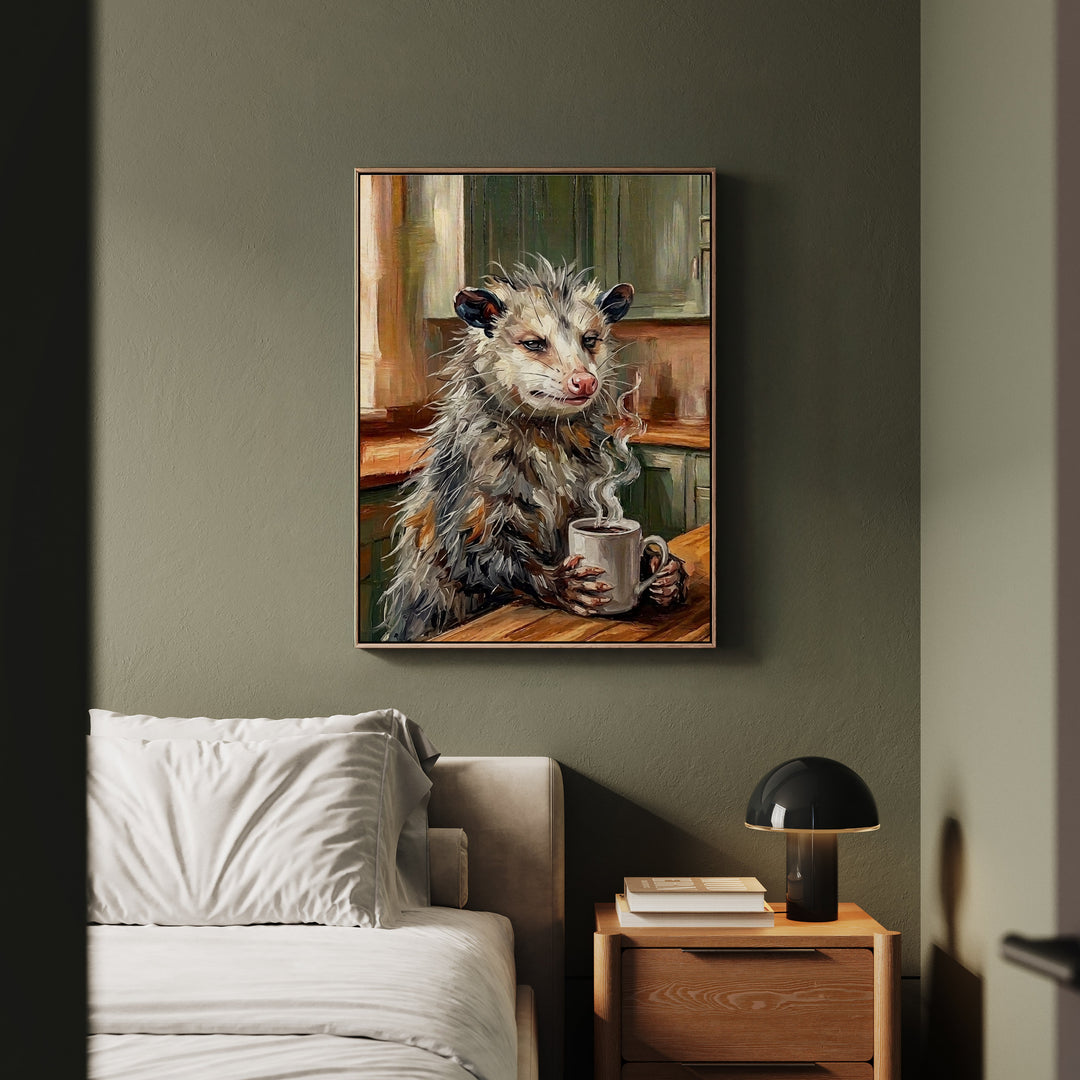 "Coffee & Silence" - Opossum Vertical Framed Canvas - Spirit Animal Wall Art