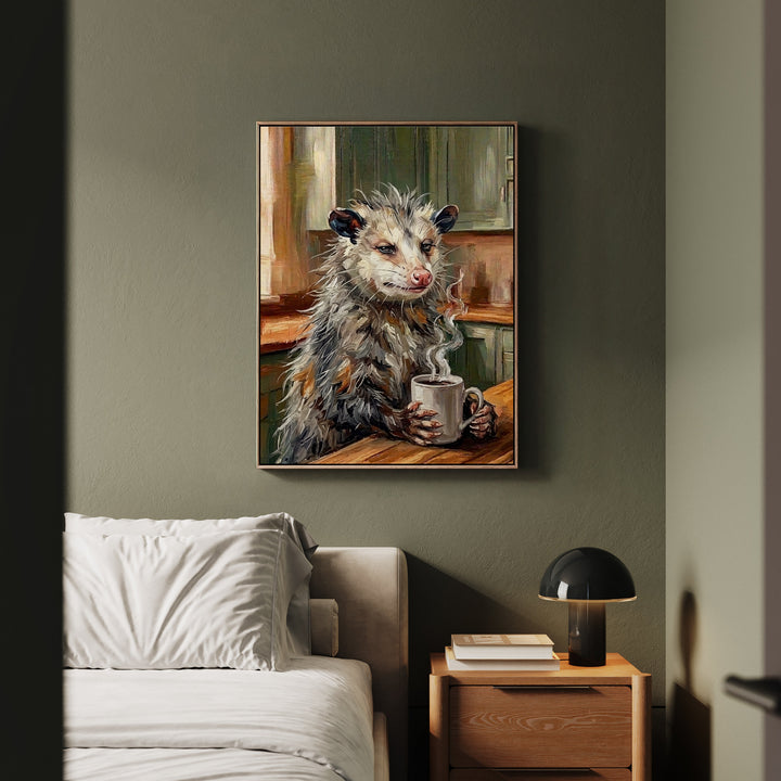 "Coffee & Silence" - Opossum Vertical Framed Canvas - Spirit Animal Wall Art