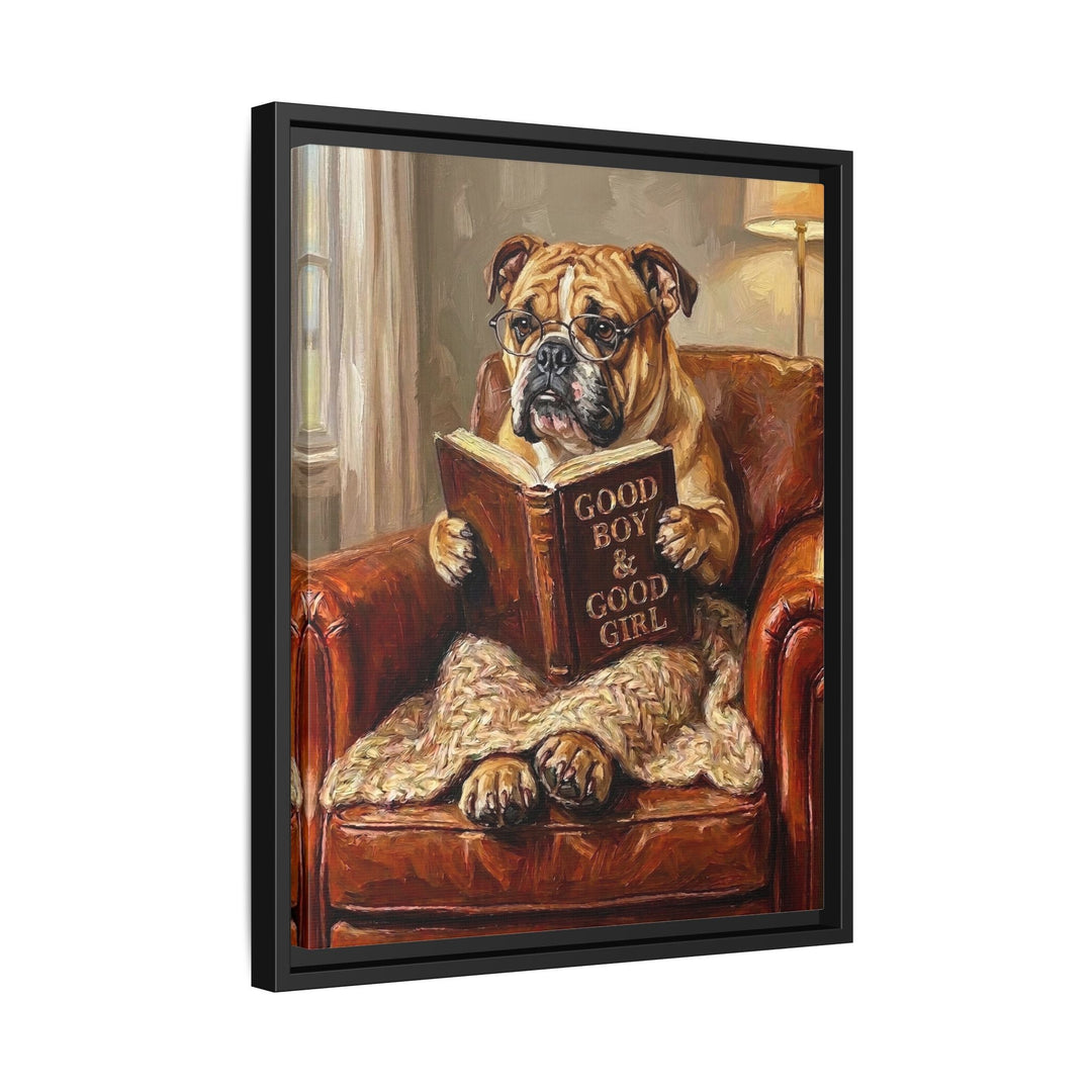 "Evening Read" - English Bulldog Vertical Framed Canvas - Dog Lover Wall Art