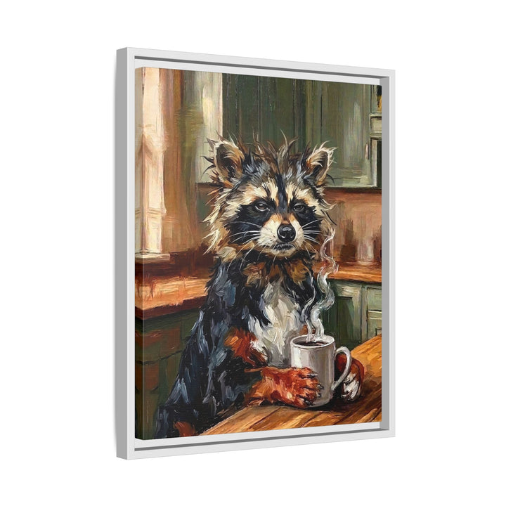 "Coffee & Silence" - Raccoon Vertical Framed Canvas - Spirit Animal Wall Art