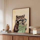 "Mindful Eating" - Raccoon Vertical Framed Canvas - Animal Book Humor Wall Art