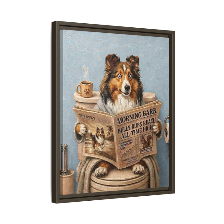 "Morning Business" - Shetland Sheepdog Vertical Framed Canvas - Dog Lover Wall Art