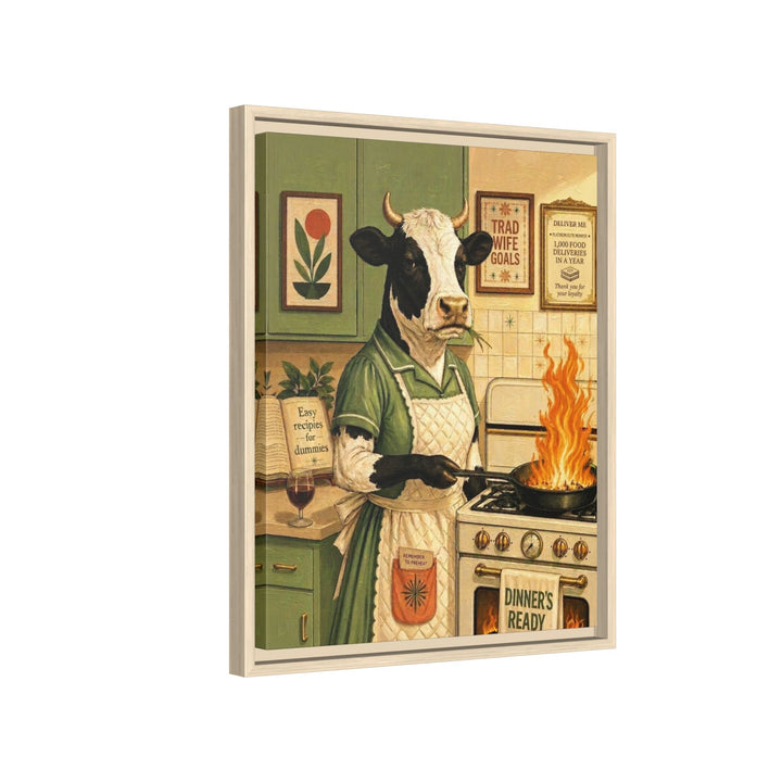 "Trad Wife Goals" - Cow Vertical Framed Canvas - Dark Burnout Humor Wall Art