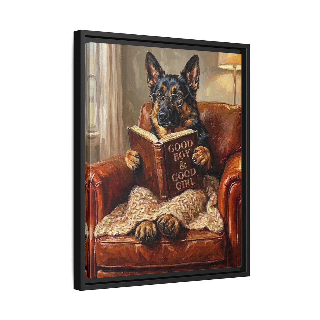 "Evening Read" - German Shepherd Vertical Framed Canvas - Dog Lover Wall Art