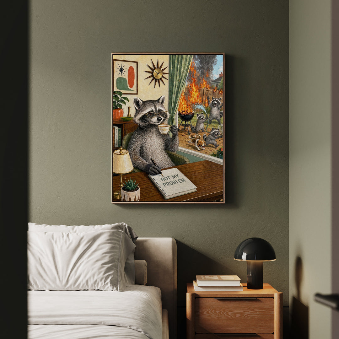 "Not My Problem" - Raccoon Vertical Framed Canvas - Dark Burnout Humor Wall Art