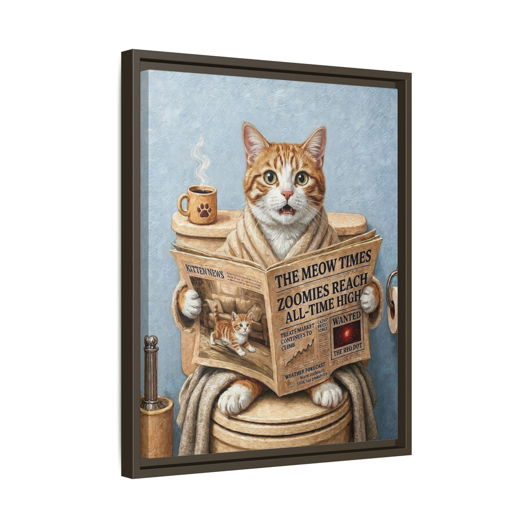 "Morning Business" - Orange & White Tabby Vertical Framed Canvas - Cat Lover Wall Art