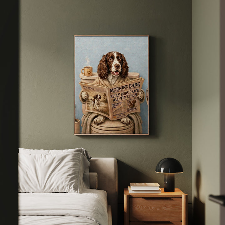 "Morning Business" - English Springer Spaniel Vertical Framed Canvas - Dog Lover Wall Art