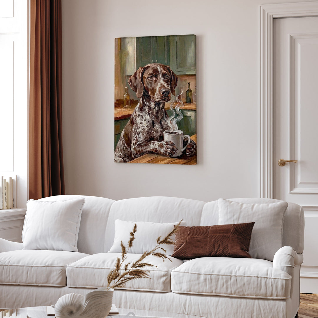 "Before Coffee" - German Shorthaired Pointer Vertical Canvas - Dog Lover Wall Art