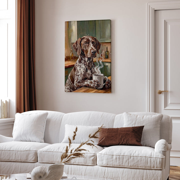 "Before Coffee" - German Shorthaired Pointer Vertical Canvas - Dog Lover Wall Art