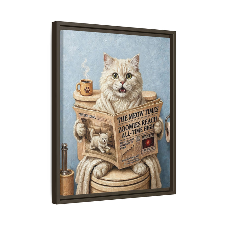 "Morning Business" - Fluffy White Cream Longhair Vertical Framed Canvas - Cat Lover Wall Art