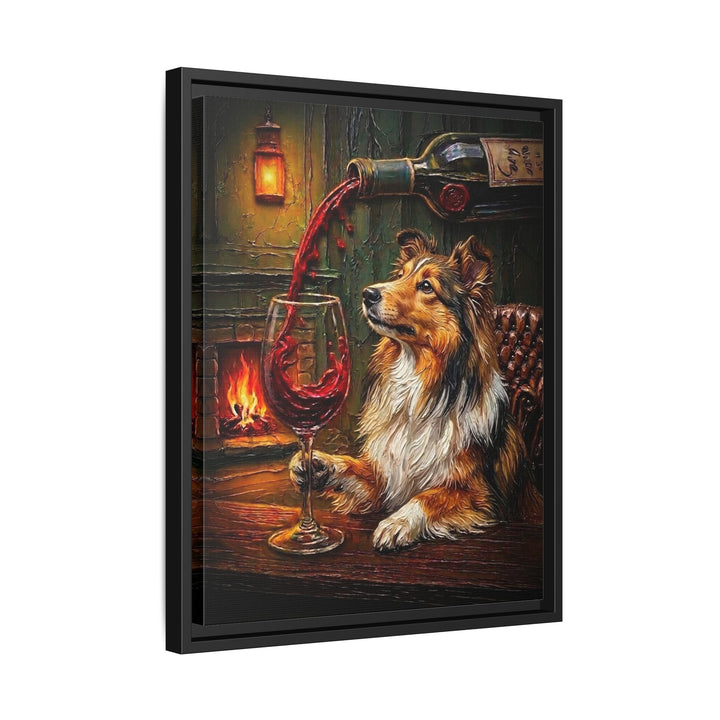 "Wine & Woof" - Shetland Sheepdog Vertical Framed Canvas - Dog Lover Wall Art