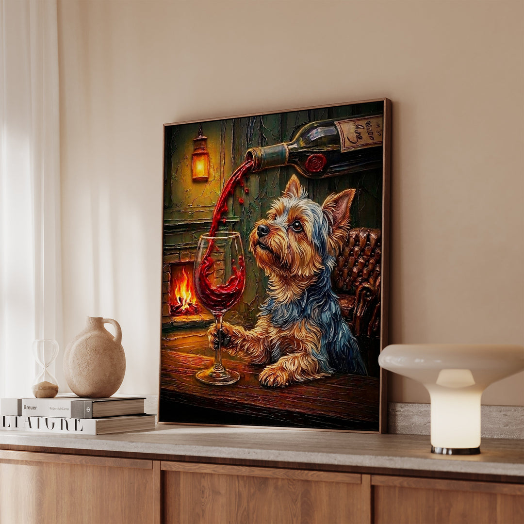 Yorkie Wine & Woof Framed Canvas