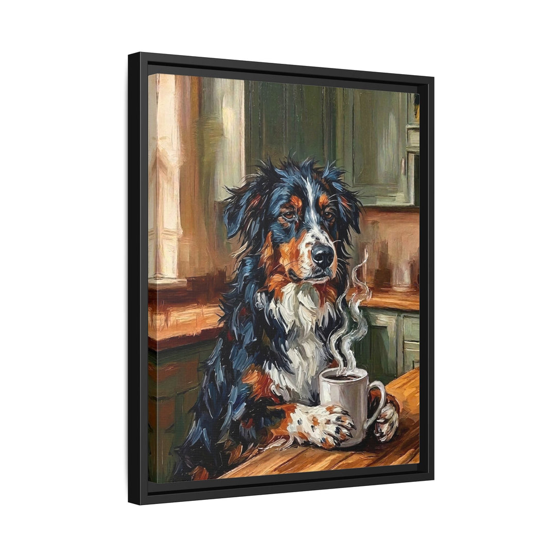 "Before Coffee" - Australian Shepherd Vertical Framed Canvas - Dog Lover Wall Art