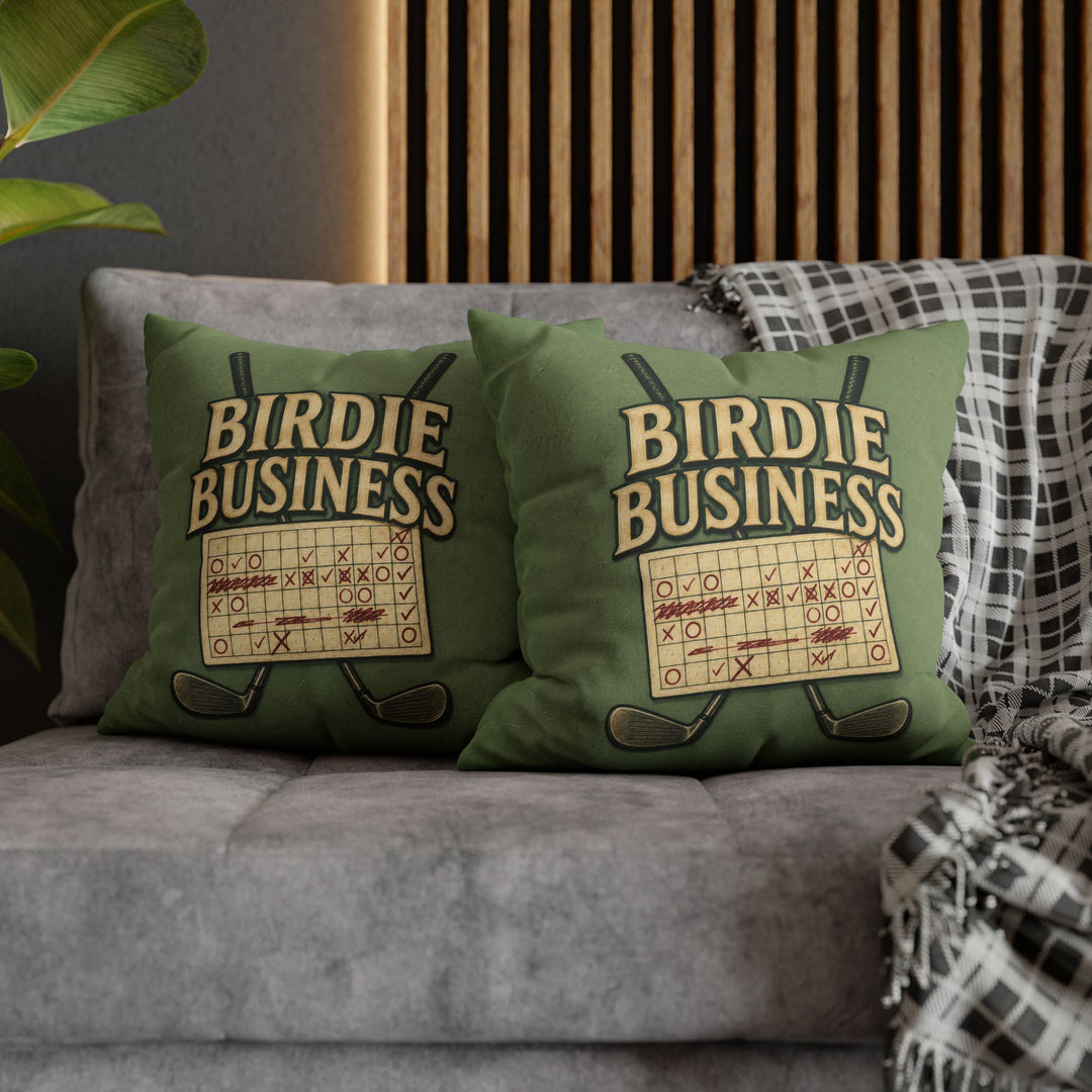 Birdie Business – Golf Art with Club Crest Lettering Over Crossed Irons – Pillow / Cover