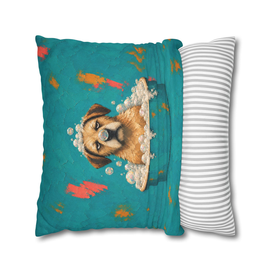 Bubble Trouble – Funny Bathroom Wall Art with a Soggy Dog in the Tub – Pillow / Cover