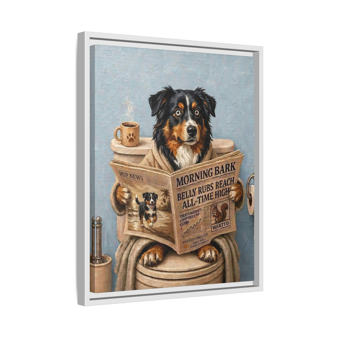"Morning Business" - Australian Shepherd Vertical Framed Canvas - Dog Lover Wall Art