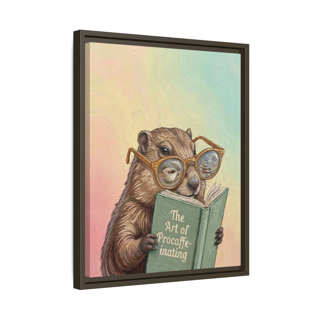 "The Art of Procaffeinating" - Marmot Vertical Framed Canvas - Animal Book Humor Wall Art