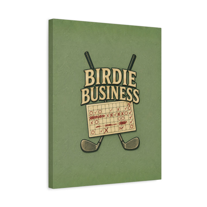 Birdie Business – Golf Art with Club Crest Lettering Over Crossed Irons – Canvas / Framed Canvas