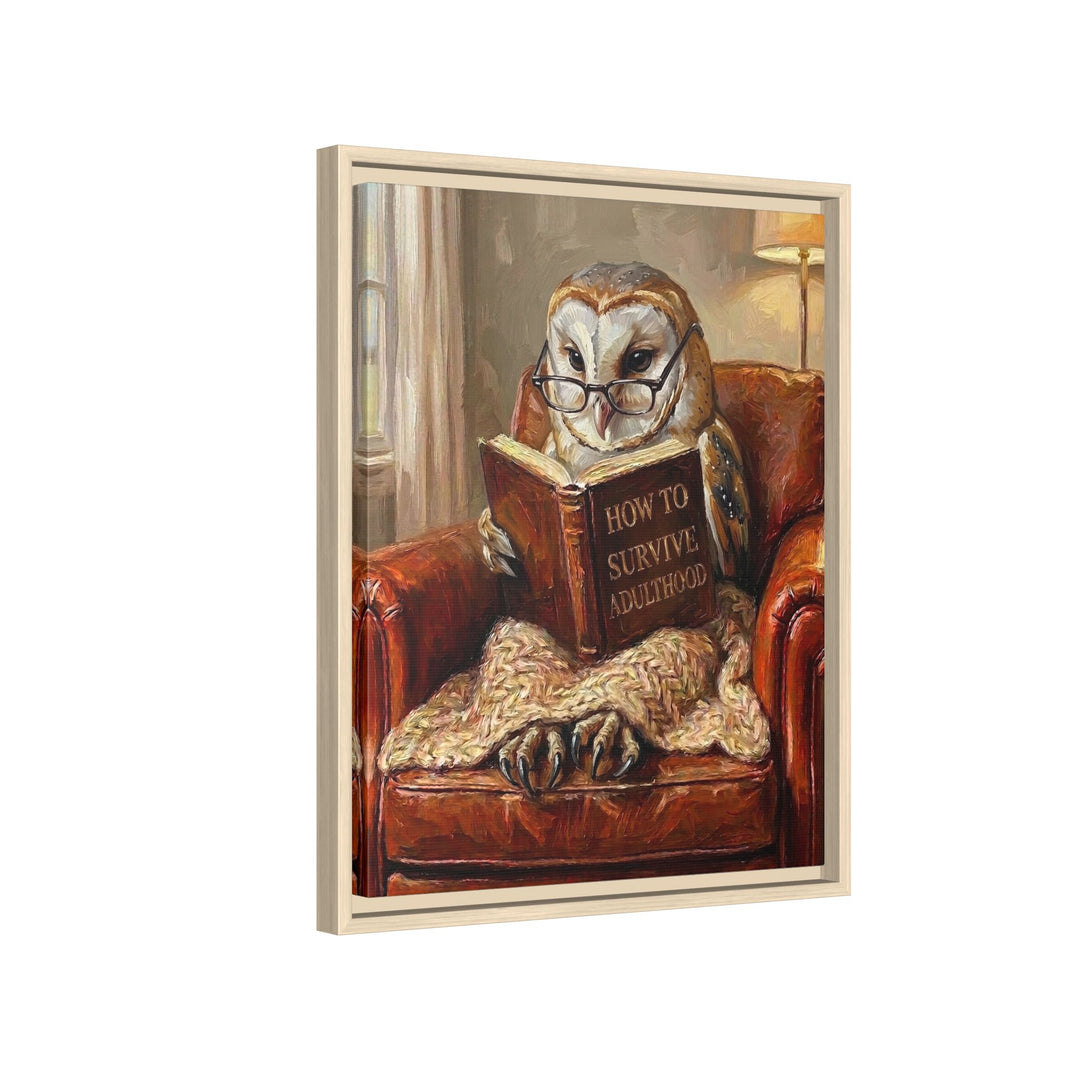 "Survive Adulthood" - Owl Vertical Framed Canvas - Spirit Animal Wall Art