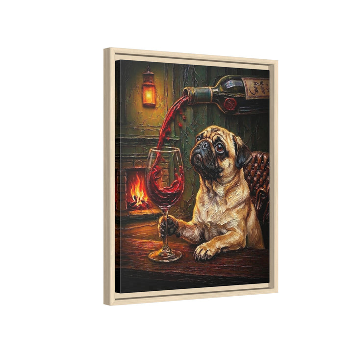 "Wine & Woof" - Pug Vertical Framed Canvas - Dog Lover Wall Art