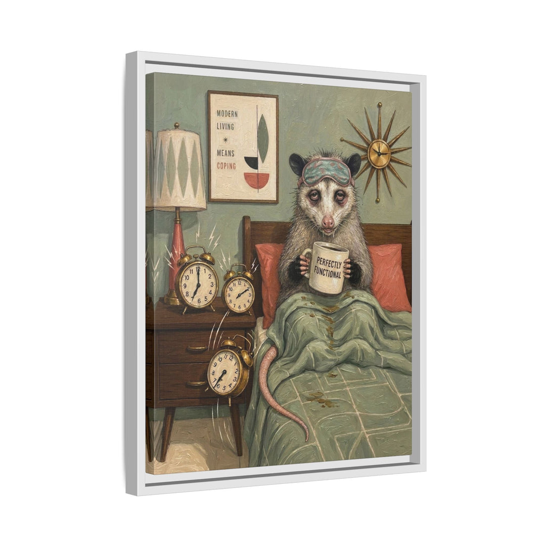 "Perfectly Functional" - Opossum Vertical Framed Canvas - Dark Burnout Humor Wall Art