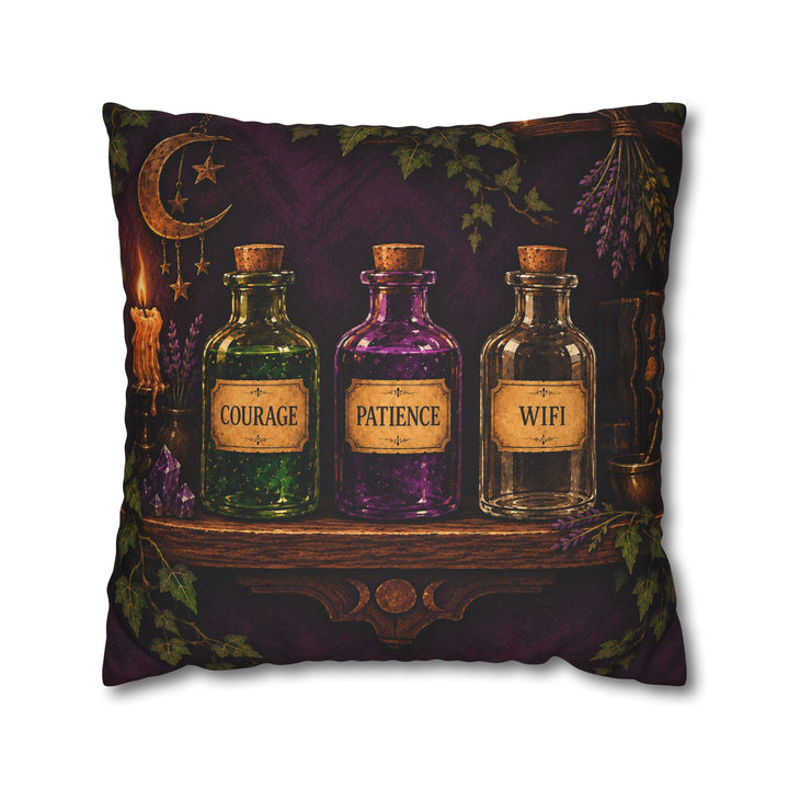 The Potion Shelf – Witchy Wall Art with Labeled Apothecary Bottles – Pillow / Cover